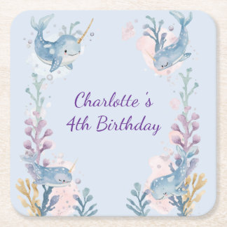 Cute Watercolor Narwhal Whale fish Seamless Sea  Square Paper Coaster