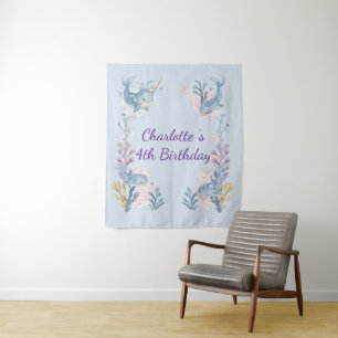 Cute Watercolor Narwhal Whale fish Seamless Sea  Tapestry