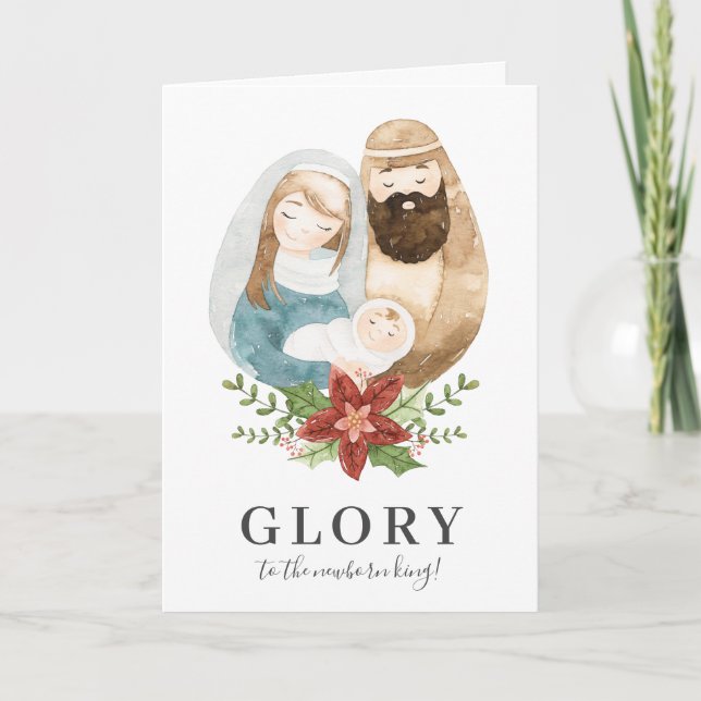 Cute Watercolor Nativity Glory Christian Christmas Holiday Card (Front)