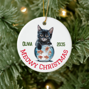 Cute Watercolor Naughty Cat & Goldfish, Funny Ceramic Tree Decoration