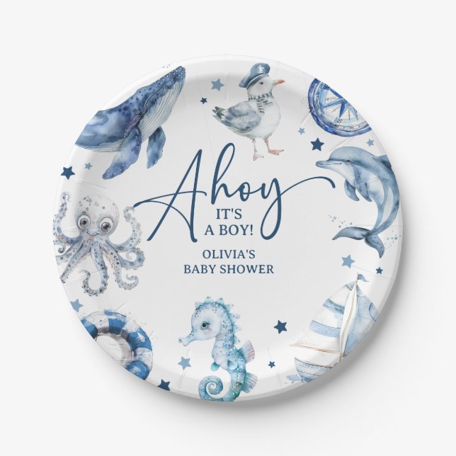 Cute Watercolor Nautical Boy Baby Shower Paper Plate (Front)
