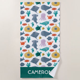 Cute Watercolor Ocean Animals Pattern Beach Towel