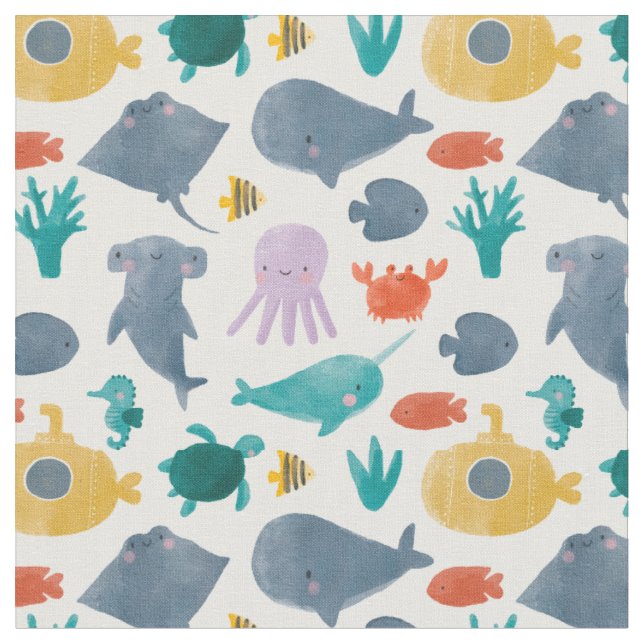 Cute Watercolor Ocean Animals Pattern Fabric (Close Up)