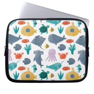 Cute Watercolor Ocean Animals Pattern Laptop Sleeve