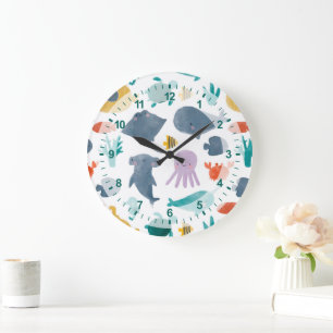 Cute Watercolor Ocean Animals Pattern Large Clock