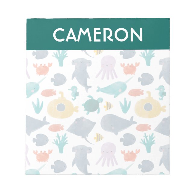 Cute Watercolor Ocean Animals Pattern Notepad (Front)