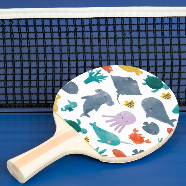 Cute Watercolor Ocean Animals Pattern Ping Pong Paddle (Insitu)