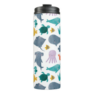 Cute Watercolor Ocean Animals Pattern Thermal Tumbler