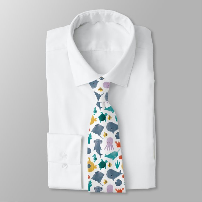 Cute Watercolor Ocean Animals Pattern Tie (Tied)