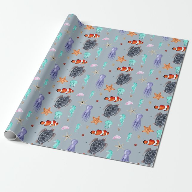 Cute Watercolor Ocean Animals Sea Life  Wrapping Paper (Unrolled)