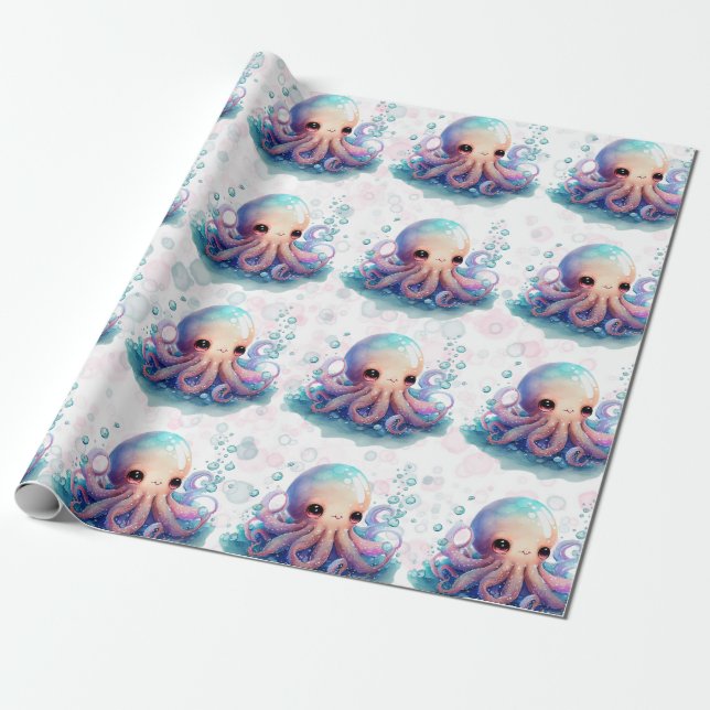 Cute Watercolor Octopus Baby Shower Wrapping Paper (Unrolled)