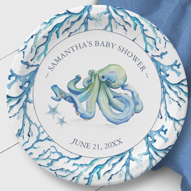 Cute Watercolor Octopus Personalised Paper Plates (Under the sea baby shower theme features unique watercolor art Victoria Grigaliunas Do Tell A Belle)