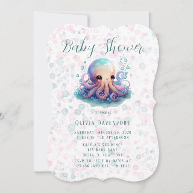 Cute Watercolor Octopus With Bubbles Baby Shower Invitation (Front)