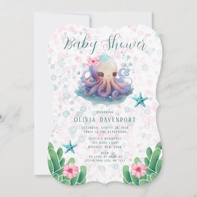 Cute Watercolor Octopus With Bubbles Baby Shower Invitation (Front)