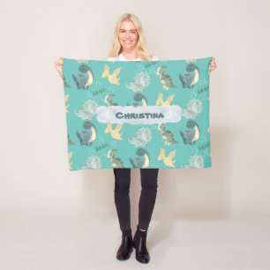 Cute Watercolor on Light Teal Dinosaur Cloud Name Fleece Blanket
