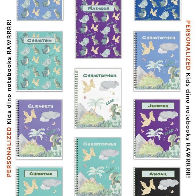 Cute Watercolor on Purple Dinosaur Pattern Notebook (So many fun cute dino designs!)
