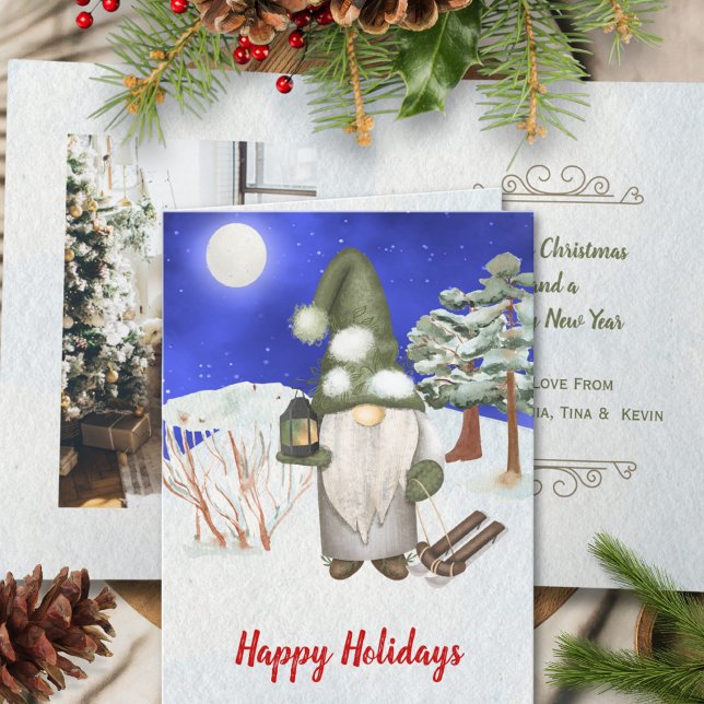 Cute Watercolor One Photo Gnome Merry Christmas Holiday Card (Creator Uploaded)