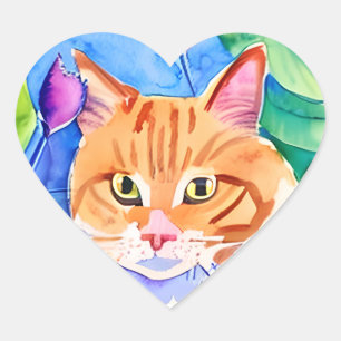 Cute Watercolor Orange Cat and Pretty Flowers Heart Sticker