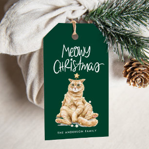 Cute Watercolor Orange Cat Meowy Christmas Gift Tags