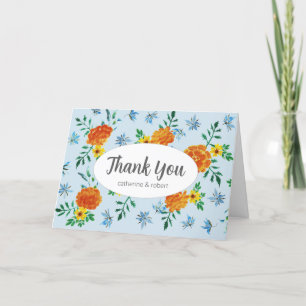 Cute Watercolor Orange Marigold Flowers Light Blue Thank You Card