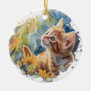 CUTE WATERCOLOR ORANGE TABBY KITTEN WITH FLOWERS CERAMIC TREE DECORATION