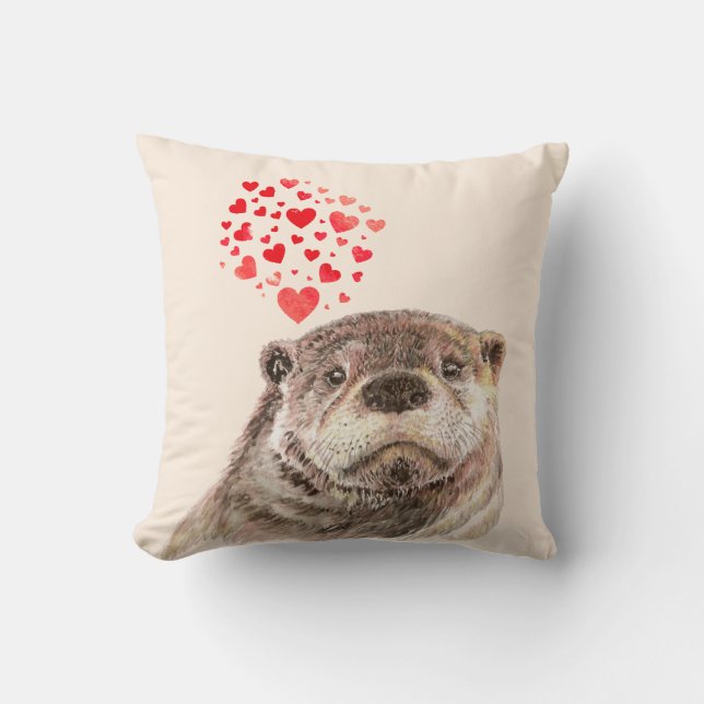 Cute Watercolor Otter Hearts Love Animal Humour  Cushion (Front)