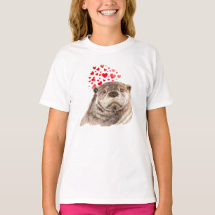 Cute Watercolor Otter Hearts Love Animal Humour T-Shirt