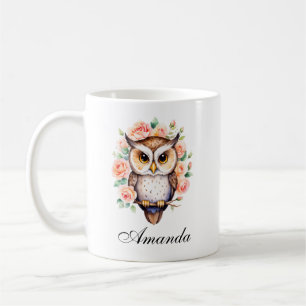 Cute Watercolor Owl and Leafy Roses Coffee Mug