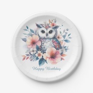 Cute watercolor Owl Cherry Blossoms Birthday Paper Plate