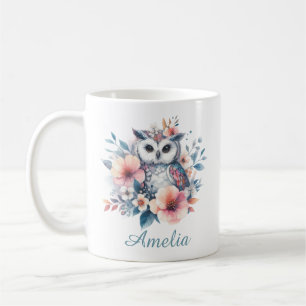 Cute watercolor Owl Cherry Blossoms Personalised Coffee Mug
