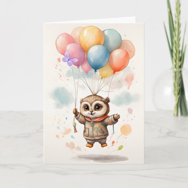 Cute Watercolor Owl Colourful Balloons Blank Card (Front)