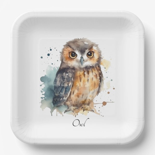 Cute Watercolor Owl, custom Paper Plate (Front)