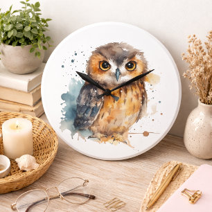 Cute Watercolor Owl Large Clock