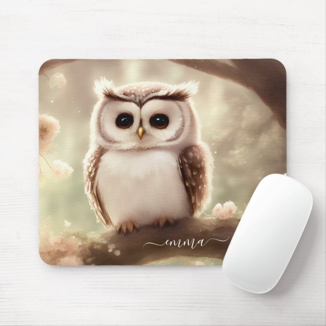 Cute Watercolor Owl Mouse Pad With Name (With Mouse)