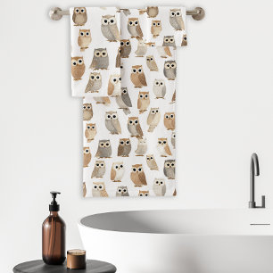 Cute Watercolor Owl Pattern Neutral Beige Grey Bath Towel Set