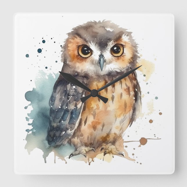 Cute Watercolor Owl Square Wall Clock (Front)