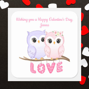 Cute Watercolor Owl Valentines Square Sticker