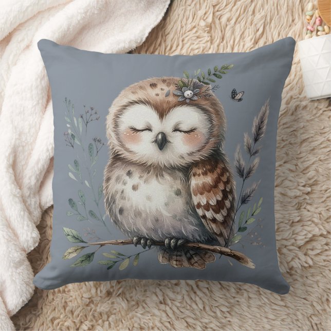 Cute Watercolor Owl with Floral Woodland Style Cushion (Blanket)