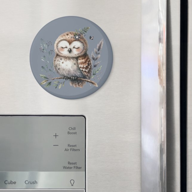 Cute Watercolor Owl with Floral Woodland Style Magnet (In Situ (Fridge))