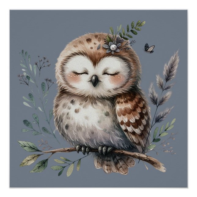 Cute Watercolor Owl with Floral Woodland Style Poster (Front)