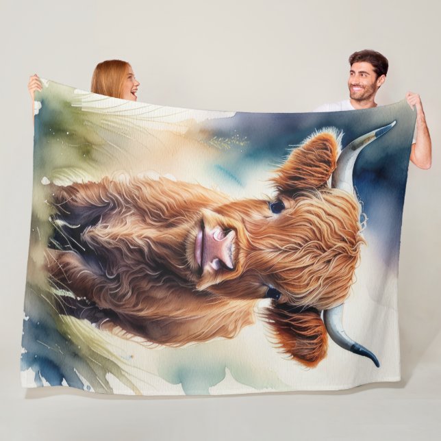 Cute Watercolor Painting of a Highland Cow Fleece Blanket (In Situ)