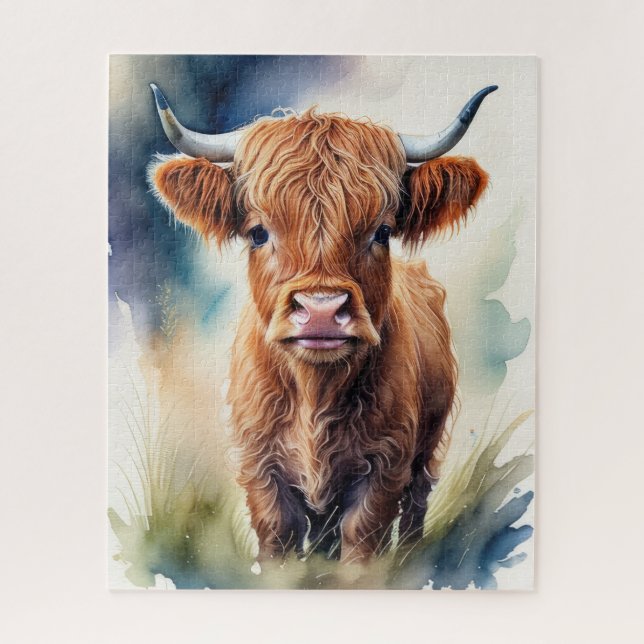 Cute Watercolor Painting of a Highland Cow Jigsaw Puzzle (Vertical)