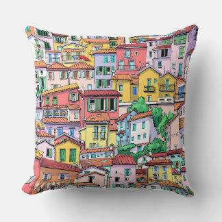 Cute watercolor painting of houses in pink yellow cushion