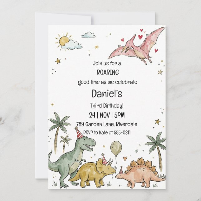 Cute Watercolor Pastel Dinosaur Third Birthday Invitation (Front)