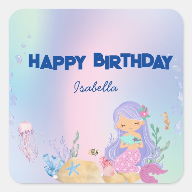 Cute Watercolor pastel mermaid Rainbow Birthday  Square Sticker (Front)