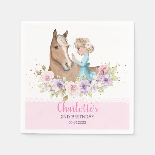 Cute Watercolor Pastel Princess and Horse Birthday Napkin (Front)