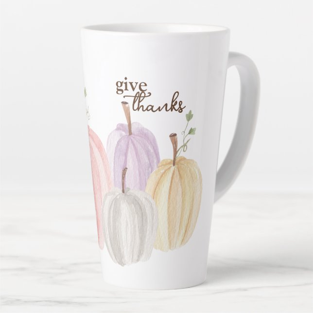 Cute Watercolor Pastel Pumpkin Give Thanks Latte Mug (Right Angle)