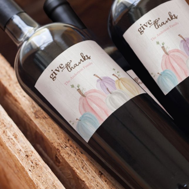 Cute Watercolor Pastel Pumpkins Give Thanks Wine Label (Creator Uploaded)