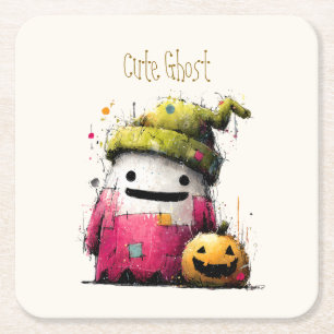 Cute Watercolor Patchwork Ghost Hallow Square Paper Coaster