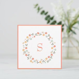 Cute Watercolor Peach Greenery Monogram Card